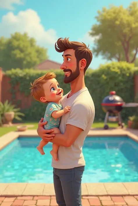 A pool with a grill and the father protecting his baby from falling into the pool,  cartoon 