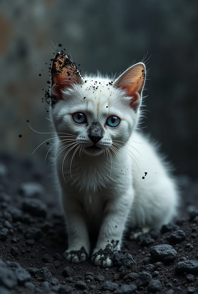 White cat covered in black residue from coal