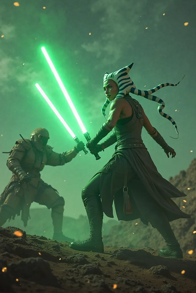 Sexy Azoka Tano with her back fighting the Sith, You must wear green light sabers, at night, Wide angle,  rendered in octane ,  volumetric lighting ,  intricate details, ultra detailed, 3D image, resolution 64K.  photographic style :  Nikon D7500 camera 50...