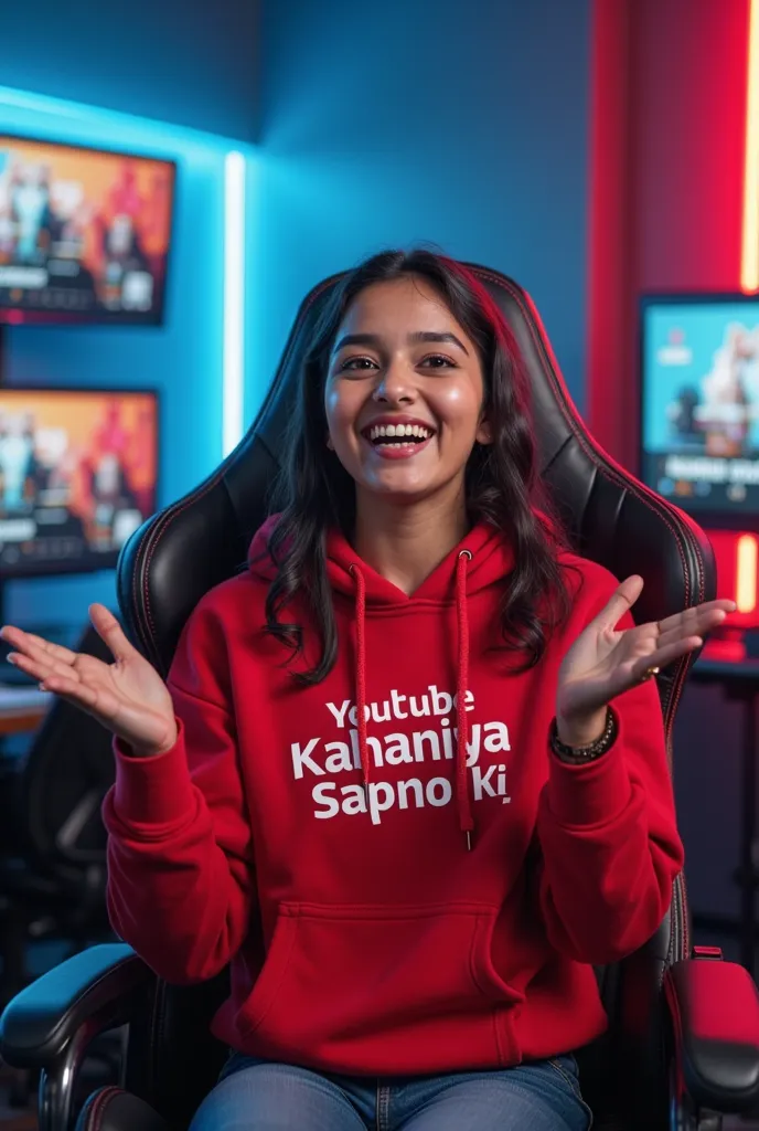 One girl big boobs showing
This girl is sitting in her studio and saying something and explaining it with her hands, no camera zoom, no camera pan, still camera
An Indian Girl is confident sitting in his YouTube studio with confidence in a modern gaming ch...