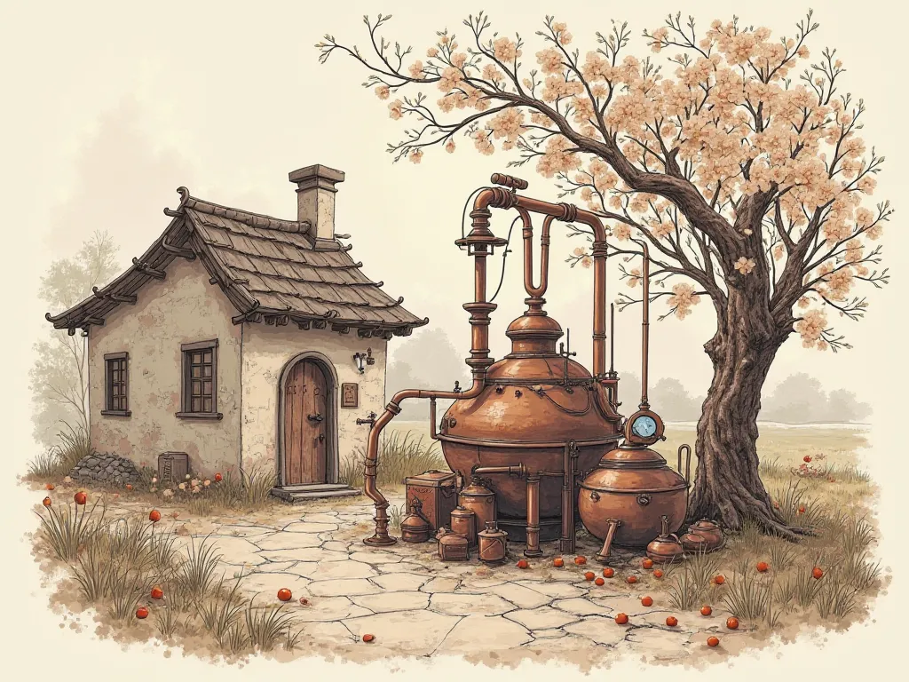 Brown background, sketch plum tree, sketch old house, sketch destilation machine 