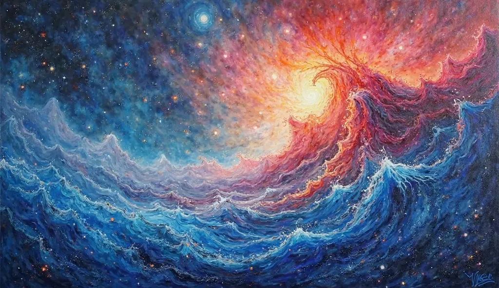 An abstract artwork showing the 'sound' of the universe—waves of blue and red energy vibrating through space