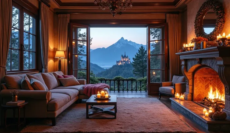 A cozy room of a very beautiful mansion with stairs, and with fireplace, candles and with double windows or with very high ceilings, seen from top to bottom, panoramic, relaxing, with a view of a beautiful castle in the distance,  High in the mountains , b...