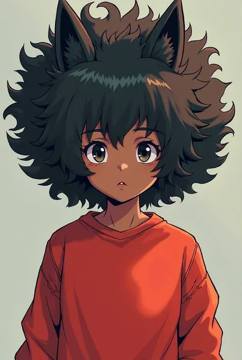 A dark-skinned girl with her hair clutched like a black donut, That he has wolf ears and is wearing a red sweatshirt,  in the style of  "my hero academy" 