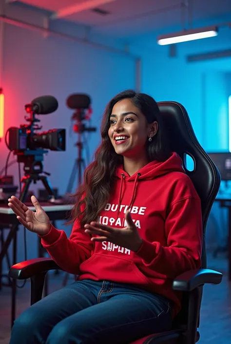 One girl big boobs showing
This girl is sitting in her studio and saying something and explaining it with her hands, no camera zoom, no camera pan, still camera
An Indian Girl is confident sitting in his YouTube studio with confidence in a modern gaming ch...