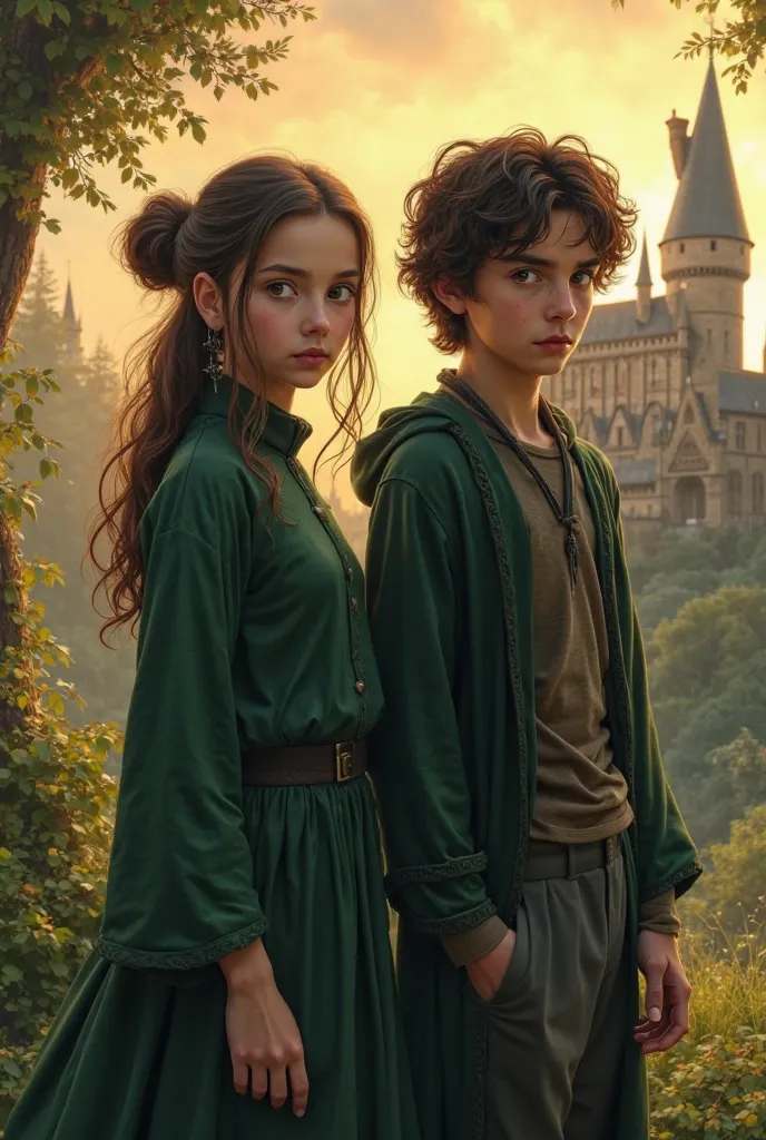 Harry Potter girl at the Hufflepuff, brown eyes medium length brown hair gathered in a bun stands next to a young Tom Reddle, 