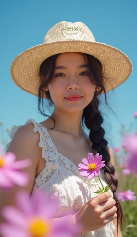 A vibrant, close-up portrait of a young woman standing under a brilliant, cloudless blue sky on a sunny day, her face clearly visible and softly illuminated by natural light. She has long, dark brown hair styled in a loose braid that falls over her shoulde...