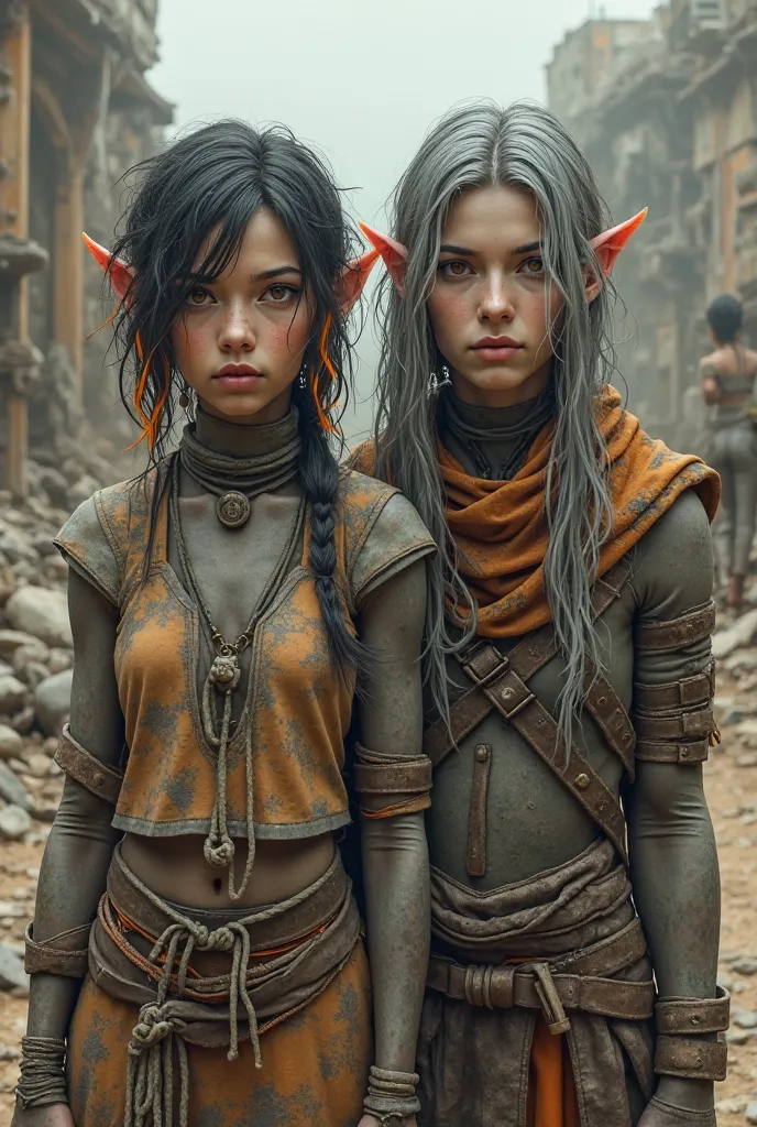 A detailed, full body shot of a couple, A young humanoid Karnathi female and male in a post-apocalyptic world, depicted with a gray grayish skin tone(all his body), short slightly pointed ears, and dark orange-colored irises. Her hair is dark silver with o...