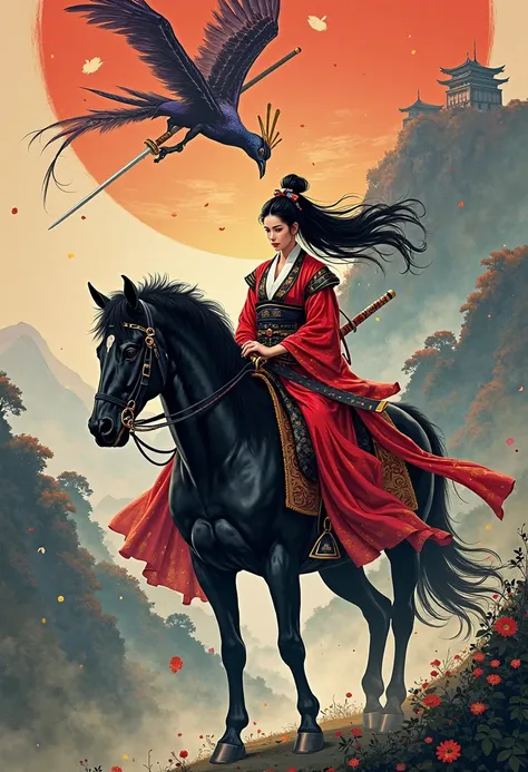 Japanese painting of a beautiful Japanese imperial warrior woman, long black hair, red and black imperial samurai warrior outfit, riding an imposing black horse, Japanese imperial sword, Japanese landscape with an imperial palace in the background, a viole...