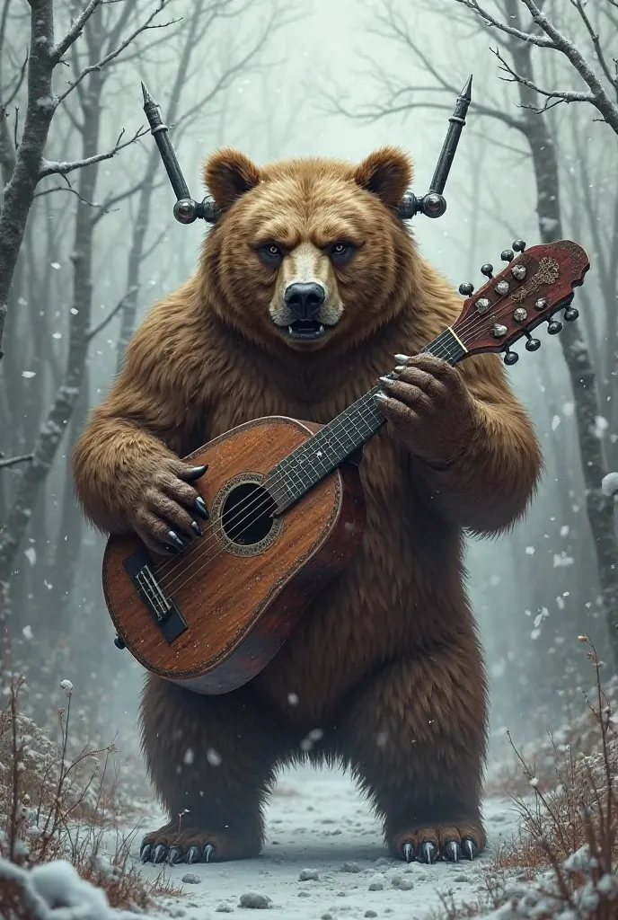 angry Russian bear with a balalaika and antennas on his head