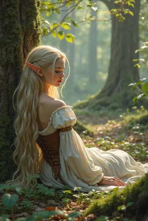 A highly realistic and detailed depiction of an 18-year-old elf girl lying face down on the forest floor, viewed from behind. She has long, light blonde hair cascading down her back, fair white skin, and a slender body with a wide hip and narrow waist. She...