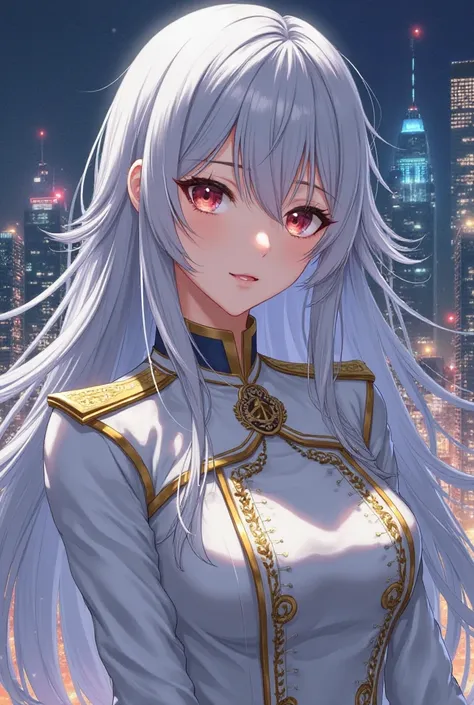  Girl with silver hair, wearing the general's white clothes with a gold border, With the city at night in the background,  Anime style