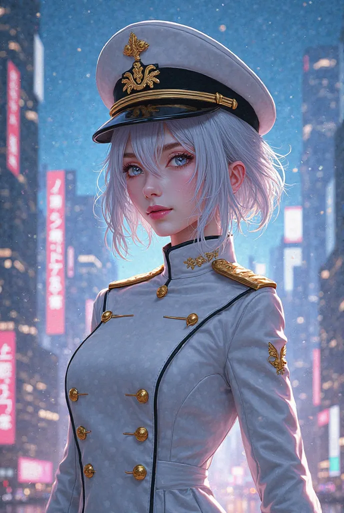  Girl with silver hair, wearing the general's white clothes with a gold border, CAP, With the city at night in the background,  Anime style