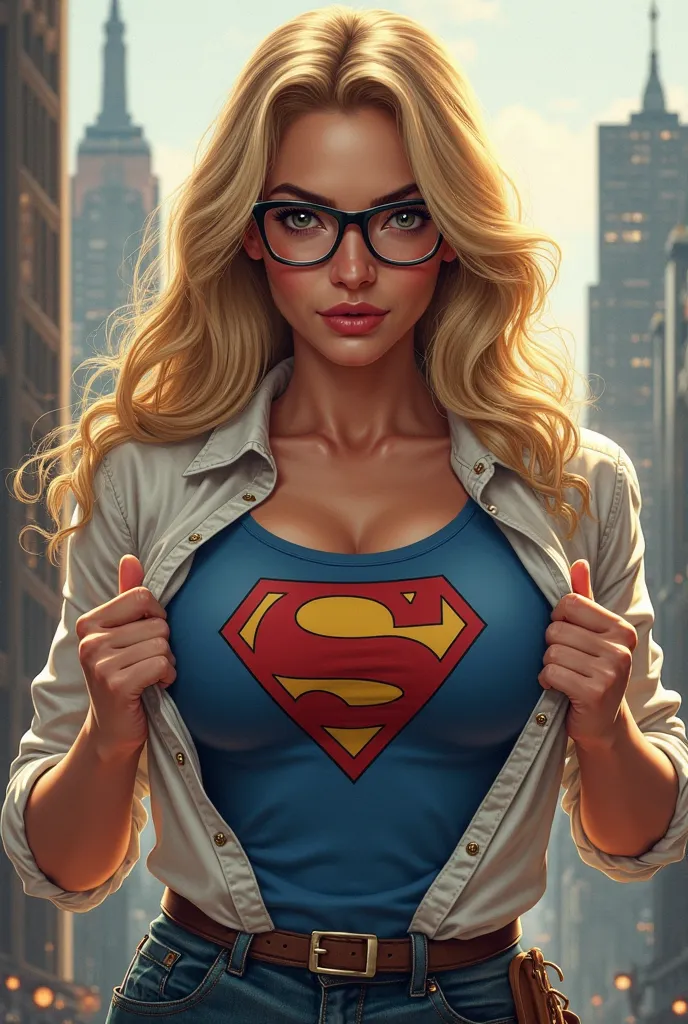 Beautiful buxom English woman.Long blonde wavy haired. Massive breasts. Wearing glasses. Grabbing her blouse, with both hands.  Pulling open a white blouse with both hands to show a classic blue superman insignia t-shirt underneath. Smirking , head cocked....