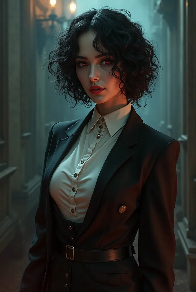 Fassa una Mulher (vampires) Curly black and short-haired, Red Eyes, And an outfit of "butler"