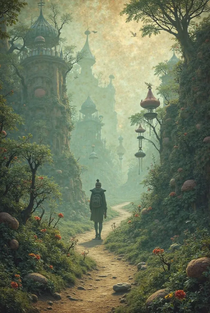 A person walking on a pathway fantasy world low quality, old image