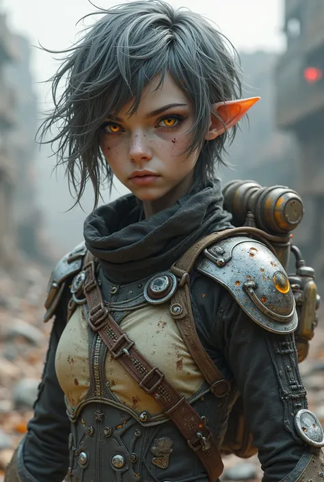 A detailed, full body shot of a woman, A young humanoid Karnathi female in a post-apocalyptic world, depicted with a gray-grayish skin tone(all his body), short slightly pointed ears, and dark orange-colored irises. Her hair is dark silver with orange high...