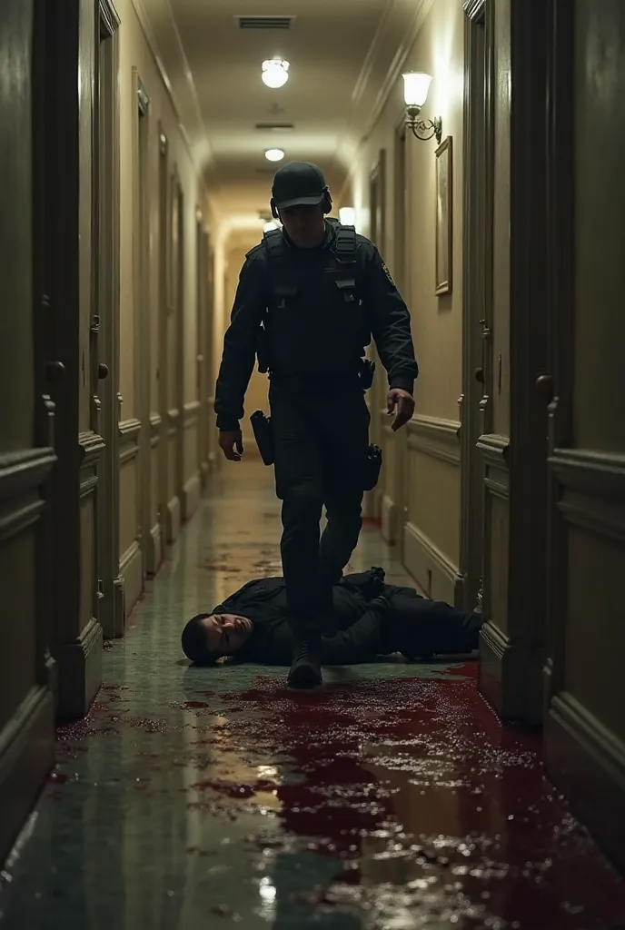 Generate a realistic image of a wounded security guard retreating backward, clutching his injury, in the same corridor of the mansion at night. The guard is dressed in black tactical security gear. Nearby on the floor lies another security guard, dead and ...