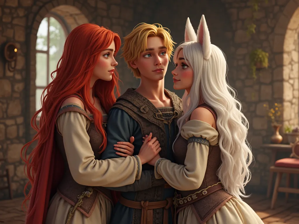 in a medieval room, two women in medieval clothes, long red hair, standing next to a young man in medieval clothing and shoulder-length blond hair.  the three are hugged by a young woman with white long hair and wolf ears, You can see this from behind, She...