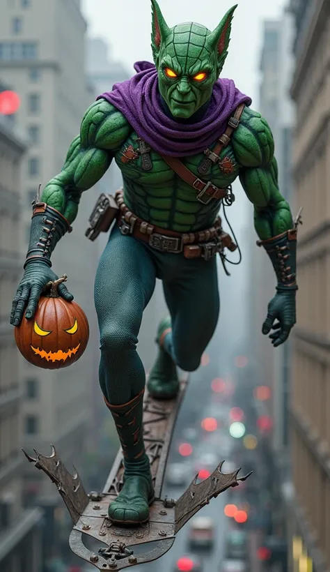 It illustrates the Green Goblin, the iconic enemy of Spider-Man, in high resolution and anatomically correct shape. The character wears a cloth suit in shades of purple and green, with completely green arms and legs. He wears a green mask with yellow eyes ...