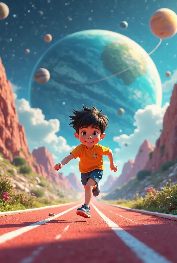 Primary school ren doing physical education on different planets with an athletic track that unites the different planets.  animated