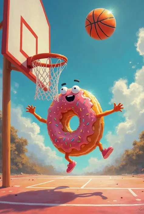 A doughnut dunking a basketball 