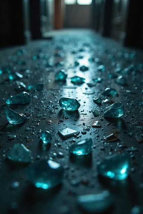 A dramatic closeup shot of broken pieces of glass on the floor and reflections visible and a dark and eerie atmosphere