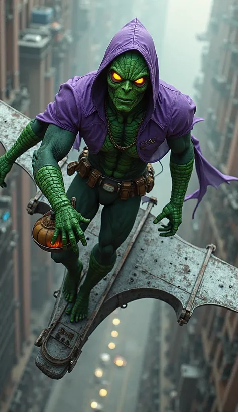 It illustrates the Green Goblin, the iconic enemy of Spider-Man, in high resolution and anatomically correct shape. The character wears a cloth suit in shades of purple and green, with completely green arms and legs. He wears a green mask with yellow eyes ...