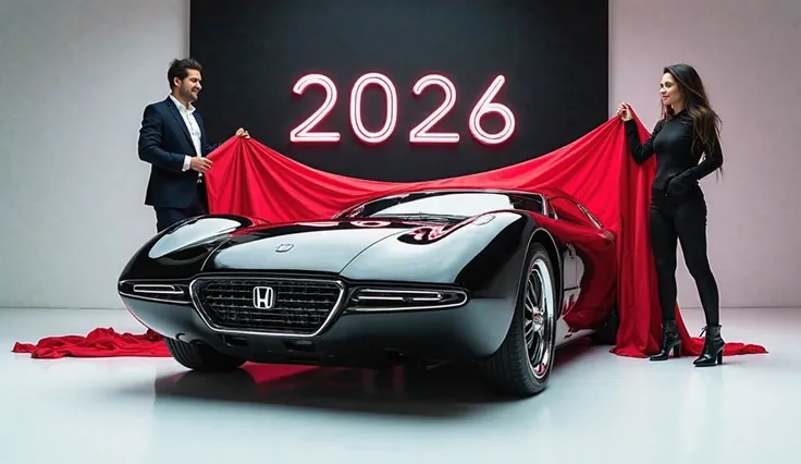 A captivating image of a (1964 Honda S600!")center stage in a luxurious white showroom. The futuristic, vibrant (black  ) exterior gleams, showcasing its sleek, aerodynamic design and bold accents. The words ( 2026 ) are prominently displayed in large, met...