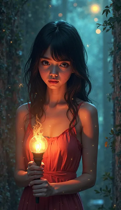 Colorful 2D digital art of a 21-year-old girl with black hair, pale skinned, shining in the dark with a torch looking to the left 