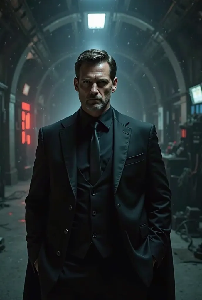  “Image of Bruce Wayne standing in front of a high-tech Batcave with dramatic lighting. He is wearing a black suit, looking serious and calculating. The shadows cast on his face give him an aura of mystery and power, with the Batcave in the background refl...