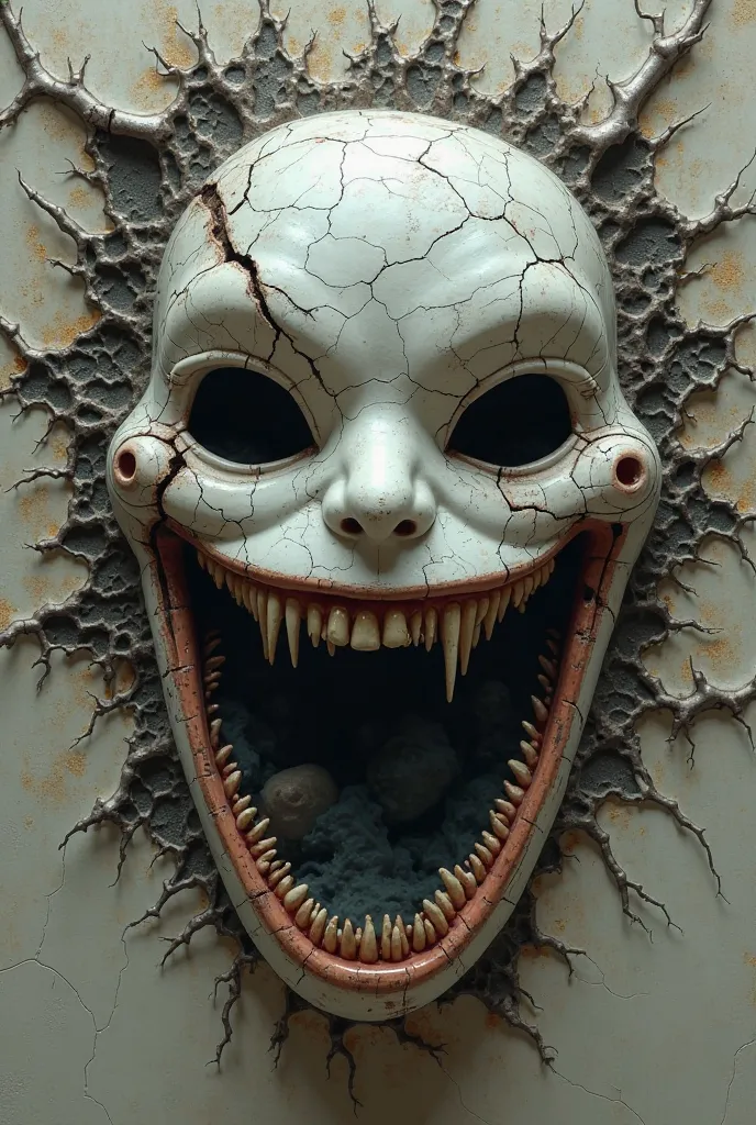 a cracked porcelain mask with wide, painted smile. The cracks reveal a dark, chaotic background underneath.