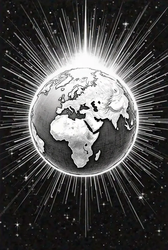 a drawing , In black and white for s to color, with crisp lines separating the details. The Earth as seen from space,  Radiant , with rays of heavenly light surrounding, symbolizing the perfection of God's creation.”