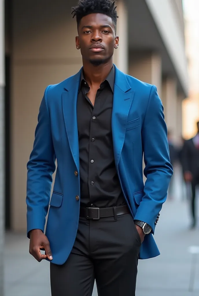 Black guy in his 20s wearing black shirt,black trousers and a blue blazer