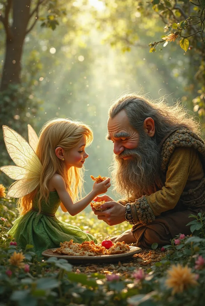 A blonde fairy in green dress eating food with an old dwarf 