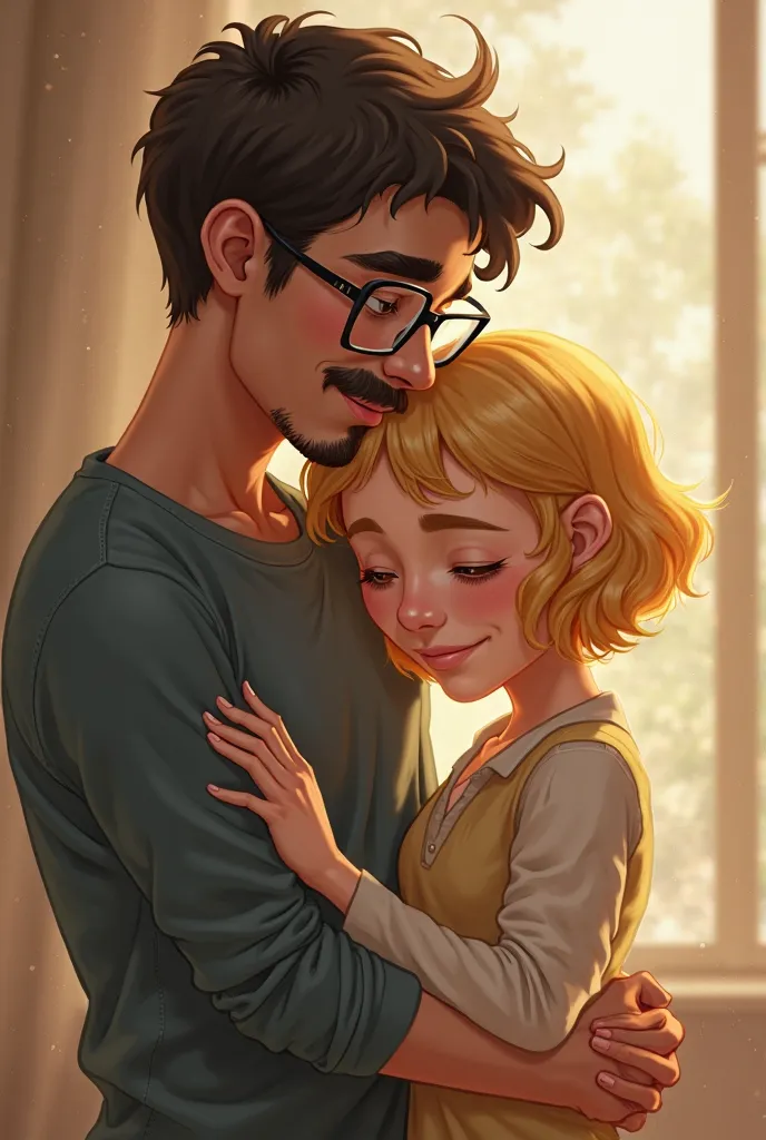 Boy and Girl . The girl cuddles her head against the young man's chest . The boy has square glasses ,curled mustache and beard. The girl has short blond hair . 