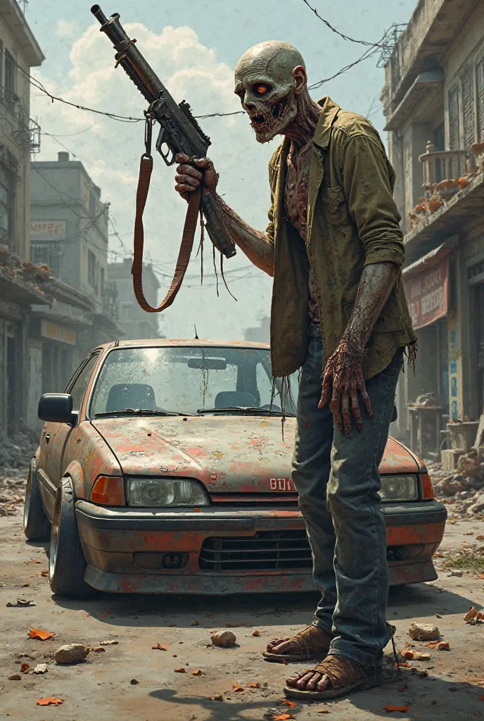 realistic illustration of an armed zombie with a lowered Honda Civic