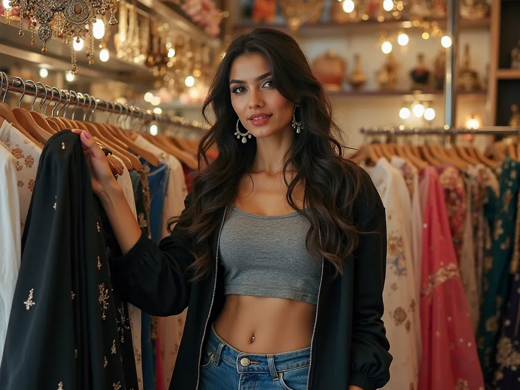 A gorgeous 20 year old indian woman. She is fair skinned and looks like a tollywood heroine. She is standing inside a fancy ornaments shop. She is wearing a gray crop top, blue baggy jeans and a black zipper coat. She has a big beautiful navel with a navel...