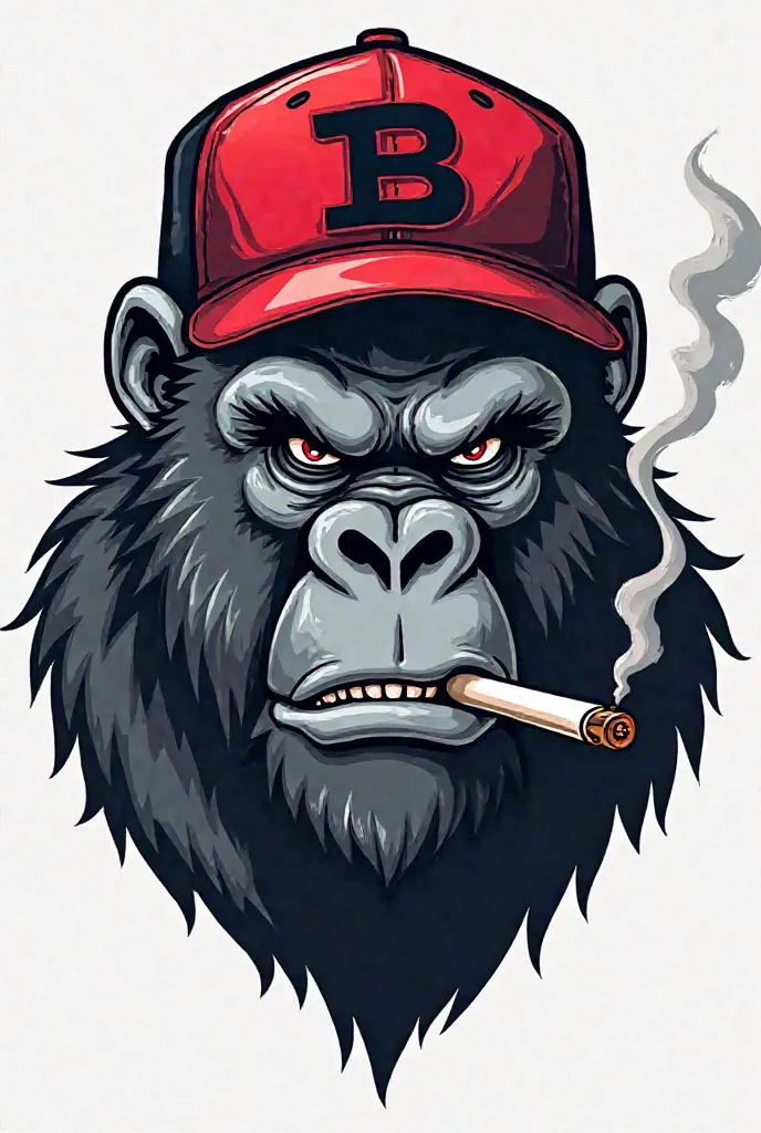 A logo of a gorilla's head the gray gorilla with a red cap that has a B written in black graffiti the gorilla with an angry face and that has a cigarette in its mouth