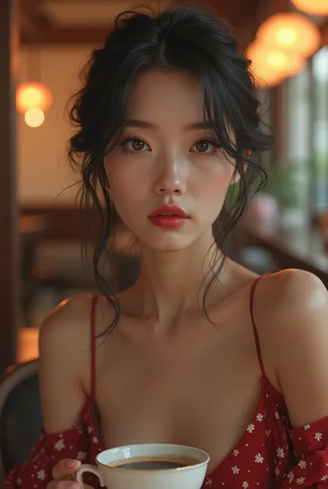 Chinese,Girl, coffee shop,beautiful,red lips, elegant