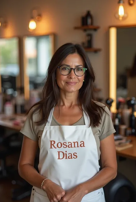   Brazilian woman , 50 years old , LONG , brunette skin, short straight black hair.
 Average build .
 glasses-wearing .
 Oval face  .
wears apron with Rosana Dias inscription.
in a beauty salon. 