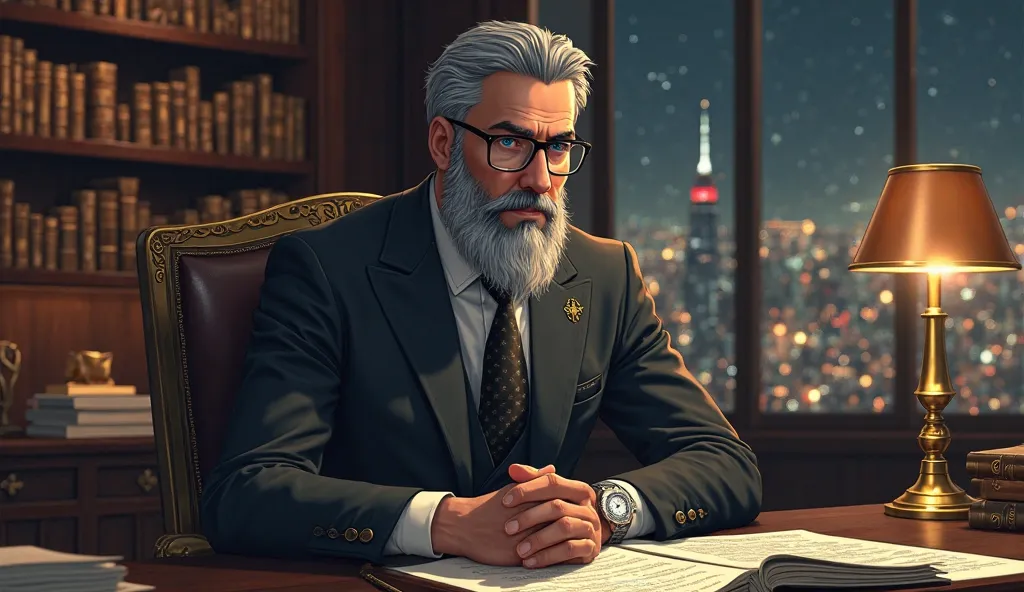 A breathtaking, cinematic Isekai anime-style epic shot. A powerful Jewish financial mastermind sits in his opulent, dimly lit office, the secretive leader of a global wealth empire. His face is sharp and distinguished—piercing blue-gray eyes framed by thic...