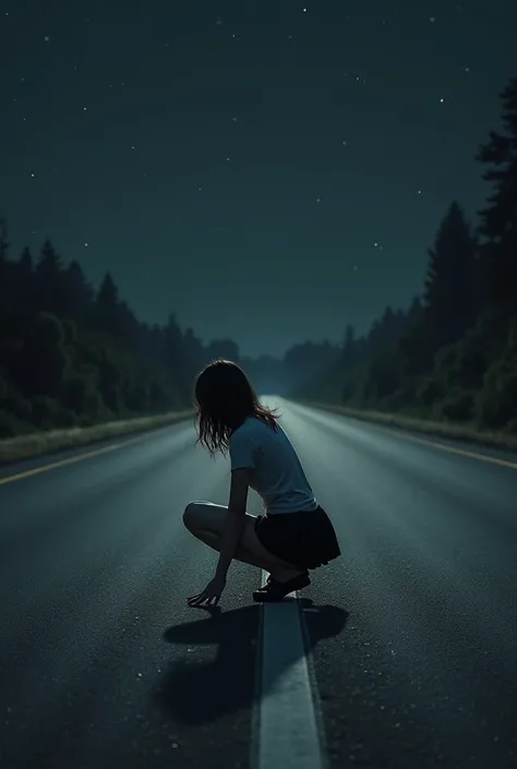 A girl stands on the highway at night on all fours in a black short skirt