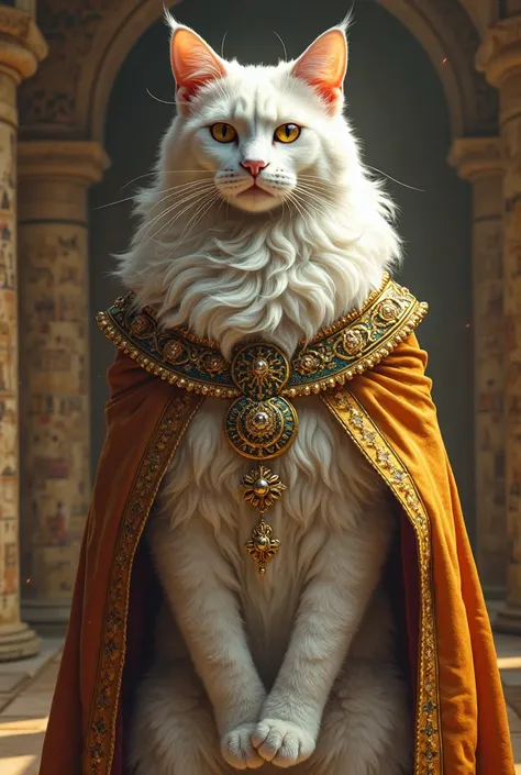 King Fraon man in the form of a white Turkish Angora cat on a background of Luxor full height gold royal jewelry clothes like a man but the cat's body goes to the camera