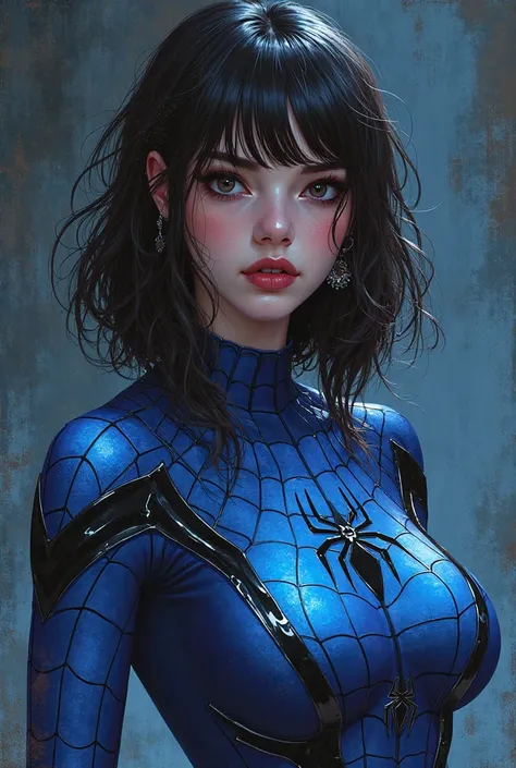 Marvel panel comic woman in blue Spiderman costume, dark brown semi-long hair with fringe, white skin, with earrings on the lip