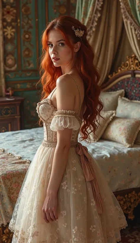 A gorgeous vintage bed in the bedroom of an ancient palace. Attractive curvy sexy girl with curvaceous forms, long flowing curly red hair, dressed in a chic vintage petticoat poses for a photo shoot. Detailed, realistic 3D style.
