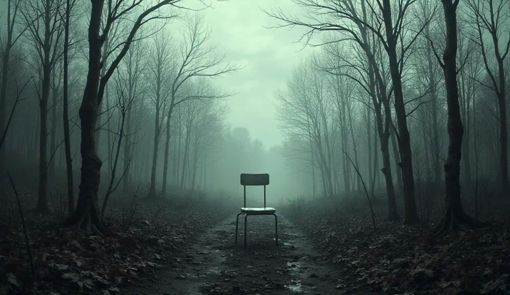 A sad, gloomy place, like in the middle of nowhere, forest with dead trees, a dark cloudy day, in the middle of the picture, has a white bar chair. 