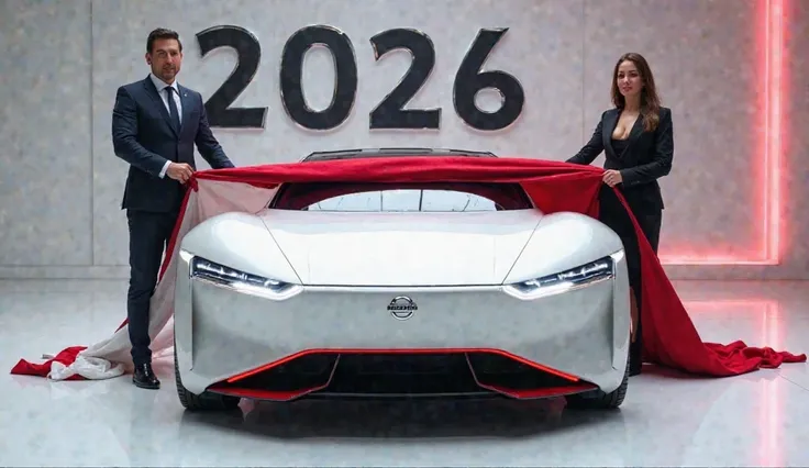 A captivating image of a (2025 NISSAN 100NX)center stage in a luxurious white showroom. The futuristic, vibrant (white) exterior gleams, showcasing its sleek, aerodynamic design and bold accents. The words ( 2026 ) are prominently displayed in large, metal...