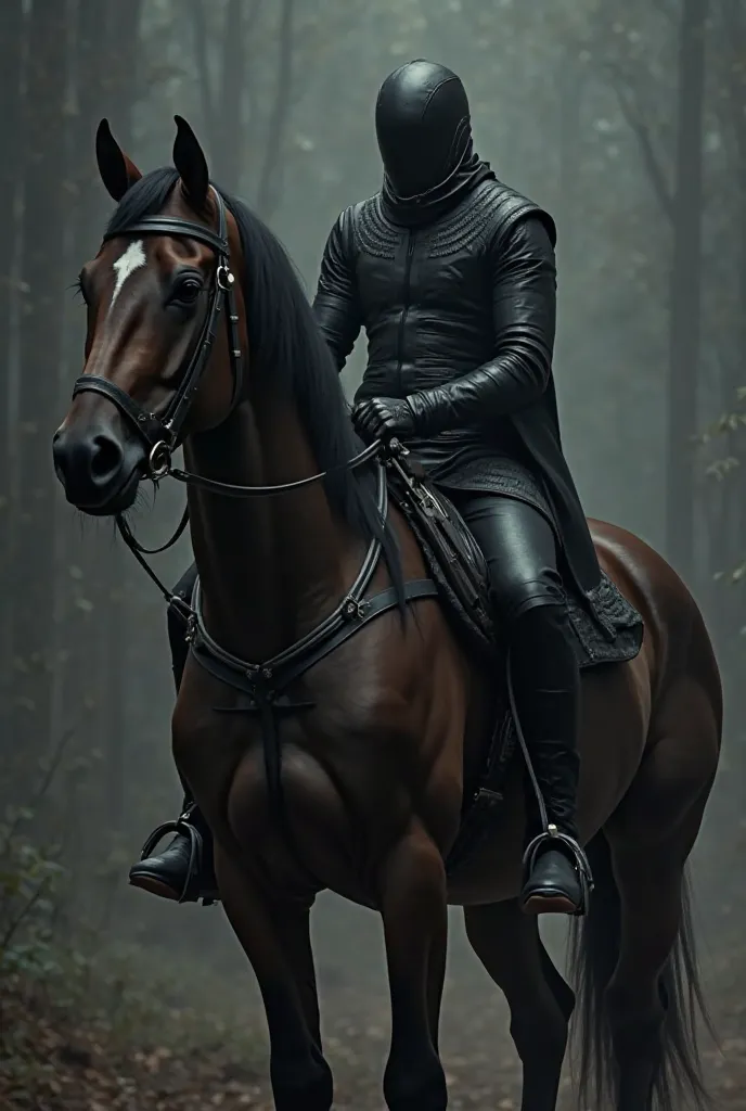 Creer moi la meme chose mais le cheval plus fonce et la cavaliere en tenue de cuir noir