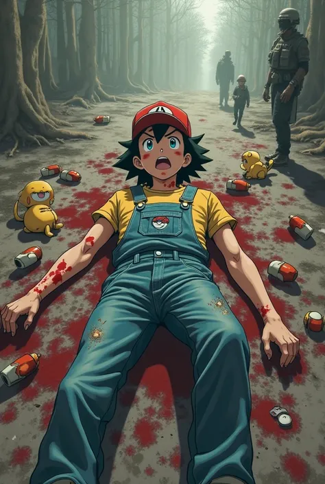 Ash Ketchum overalls shot death blood bleeding bullet holes Pokemon style